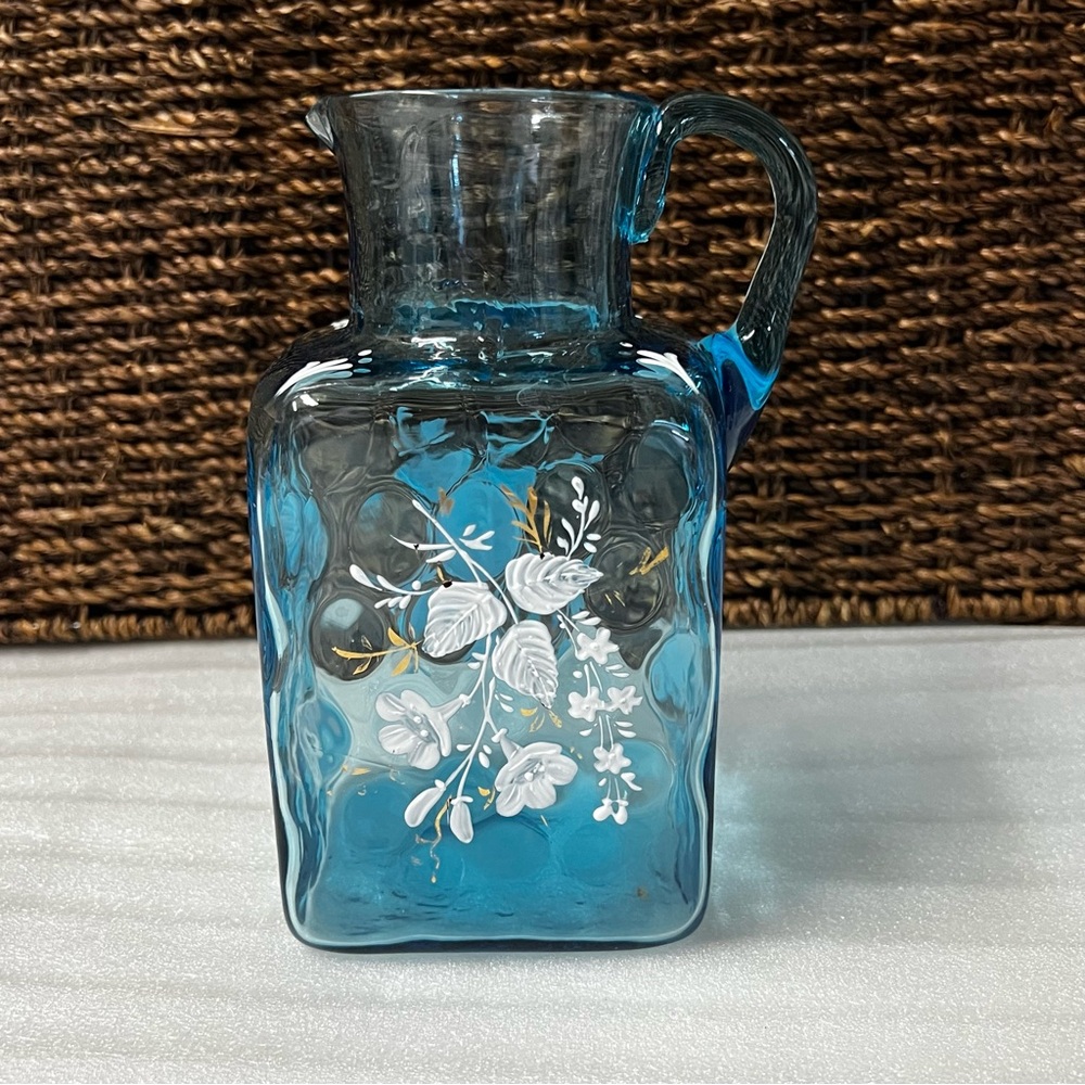 Vintage Victorian Blue Art Glass Enameled Hand-Painted Pitcher
